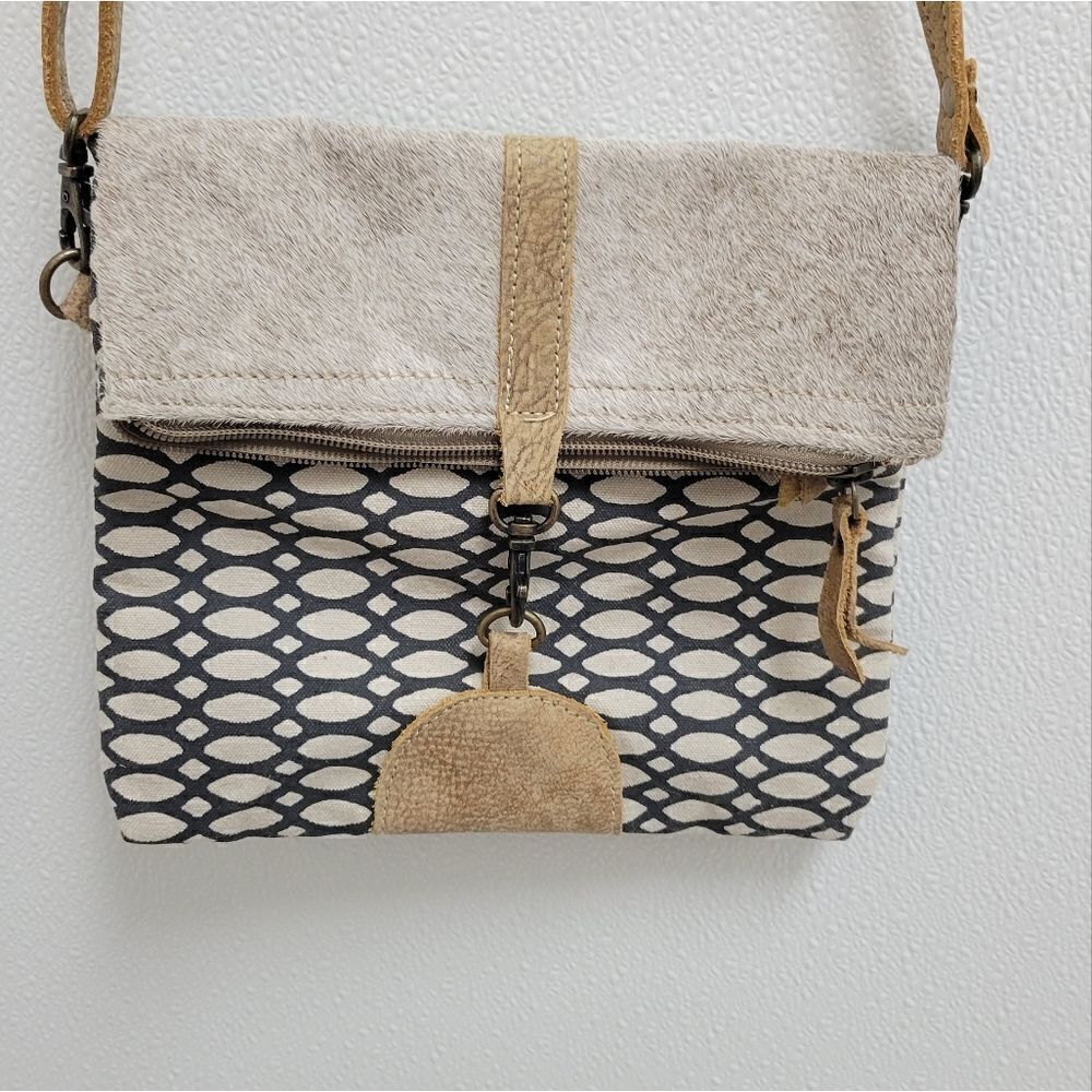 Myra B. Small Canvas Calf Hair Leather trim Crossbody Shoulder Bag